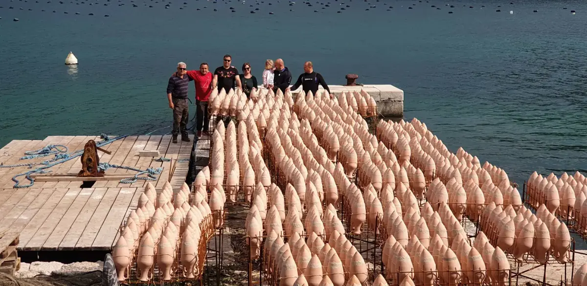 The pontoon at Janjina, covered with amphorae waiting to go down